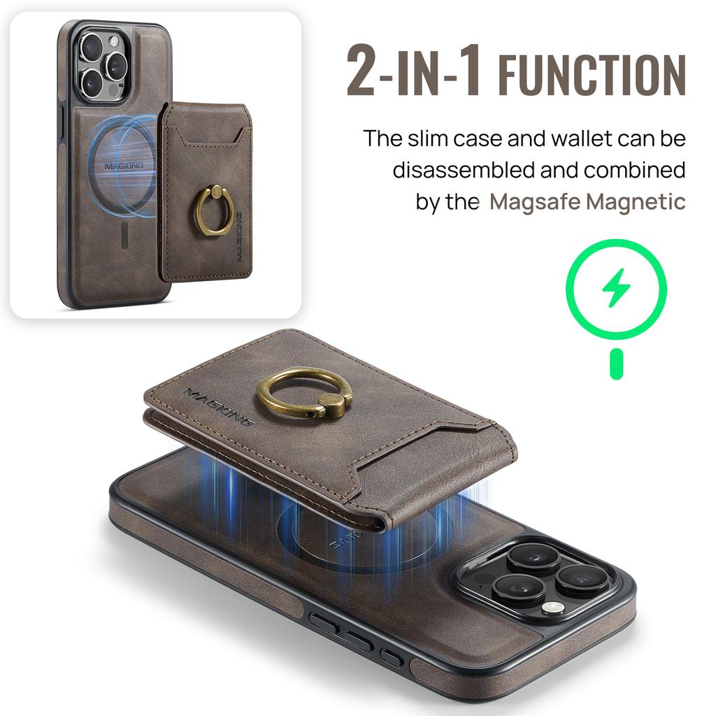 MAGKING K1 Series For iPhone 15 Pro Magnetic Case PC+TPU+PU Phone Cover with Card Holder Kickstand