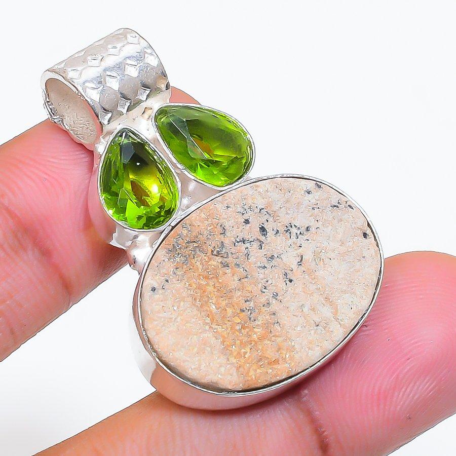 Natural Psilomelane Dendritic, Peridot 925 Sterling Silver Pendant 1.50" ZS-348