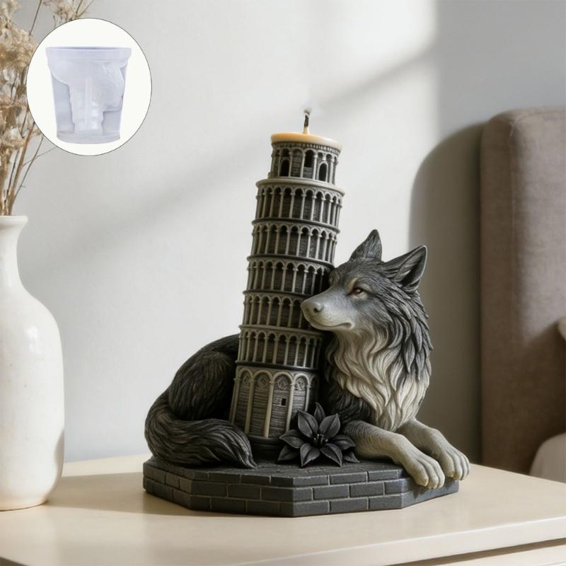 Unique Wolf With Leaning Tower Designs Food Grade Silicone Candle Making Mould For Handmade Gift
