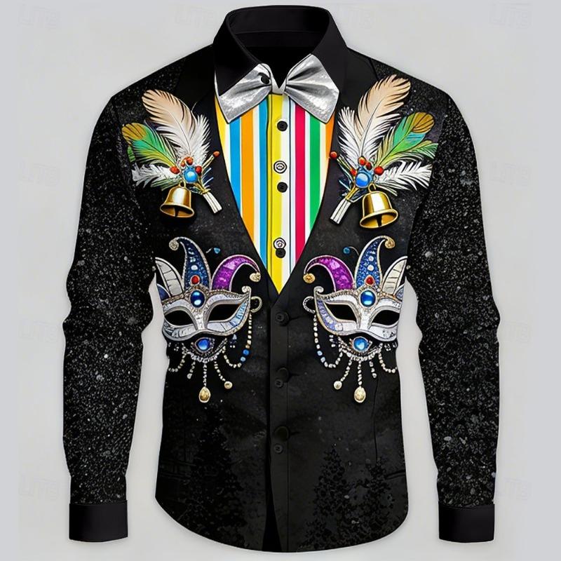 Camisa de Manga Larga con Estampado de Máscaras de Carnaval para Hombre, Camisa Casual Azul Brillante para Fiesta Navideña, Elegante de Manga Larga con Cuello para Hombre