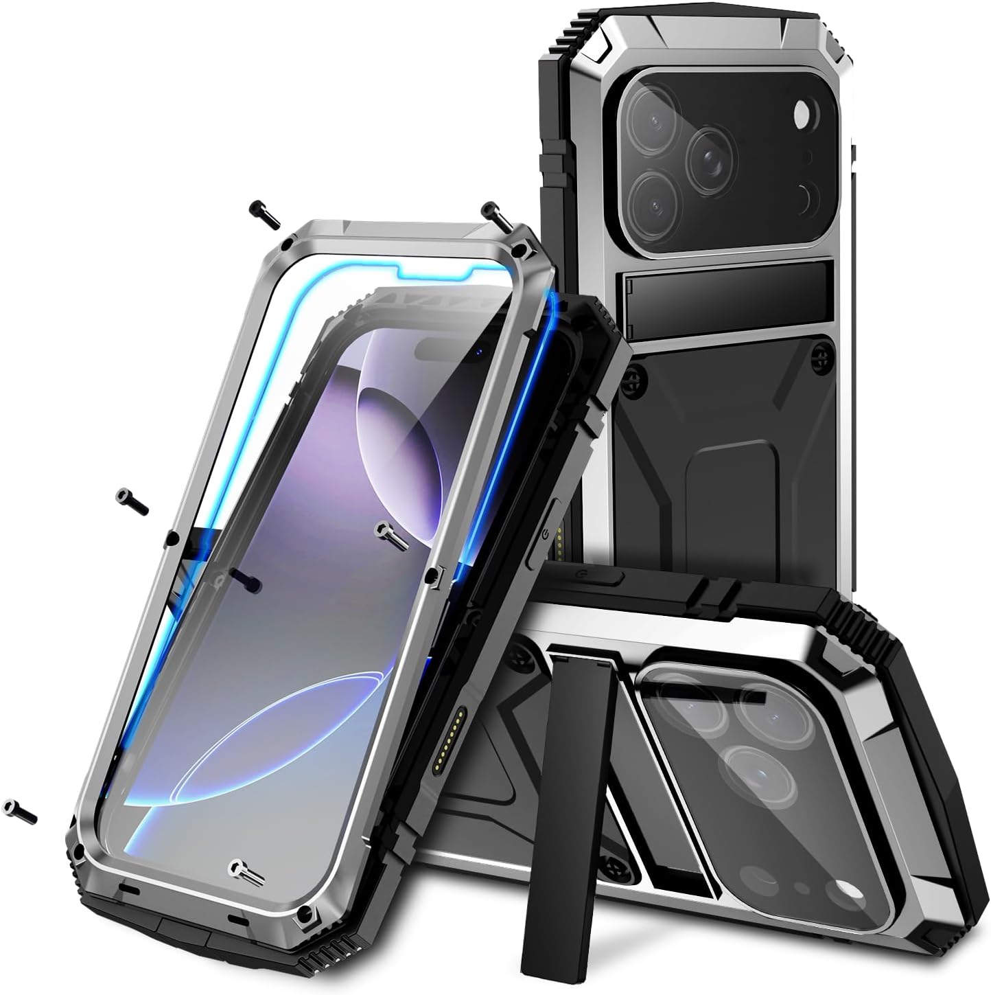 

Metal Heavy Duty Case for IPhone Air 17 16e 16 15 14 Plus 13 12 11 Pro Max with Kickstand Glass Screen Aluminum Screws Cover aluminum&Case & Screen Protector&iPhone17 серебряный
