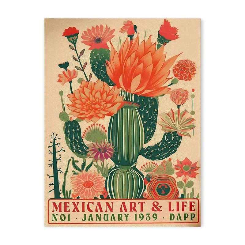 Vintage Mexican Cactus Posters Print Colorful Floral Aesthetic Art Canvas Painting for Modern Living Room Corridor Wall Decor