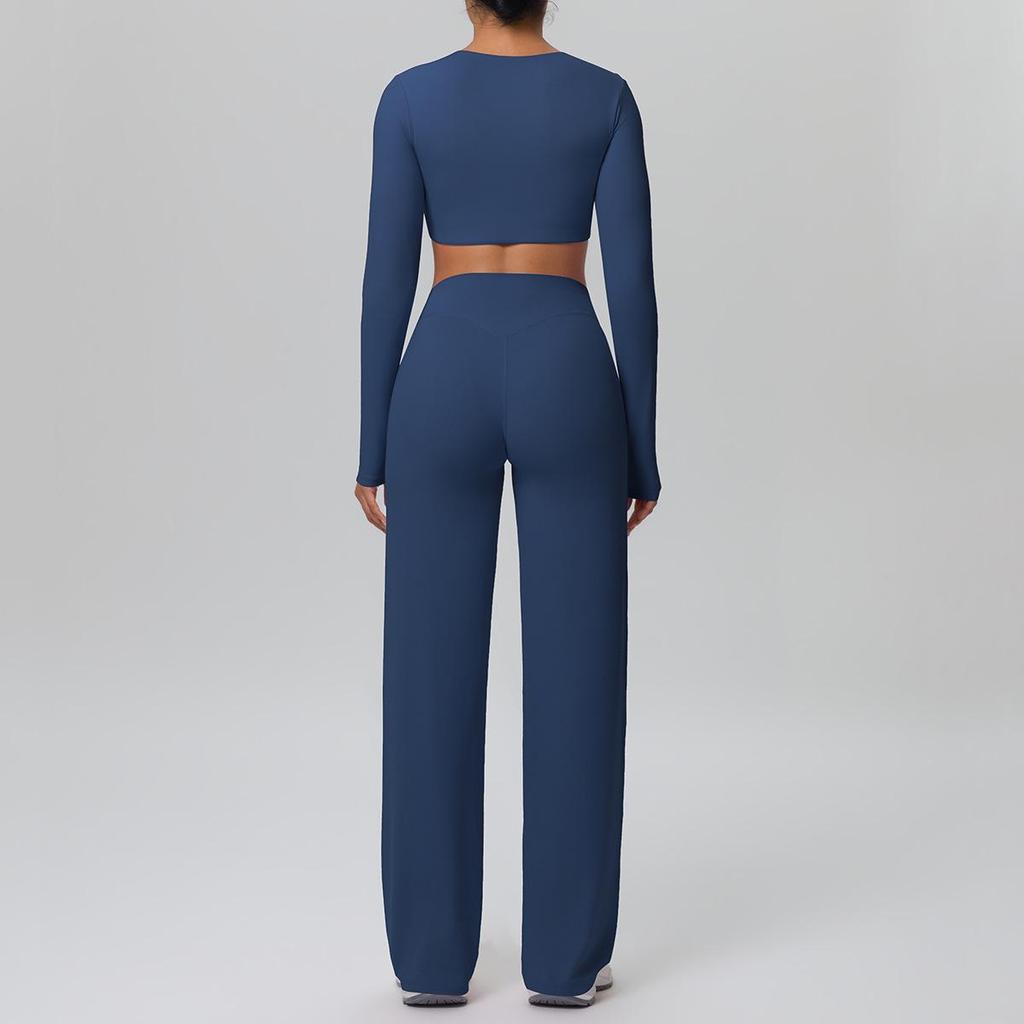 European Sportswear Yoga Set: Long Sleeve Top with Chest Pads and Breathable Straight-Leg Pants for Women