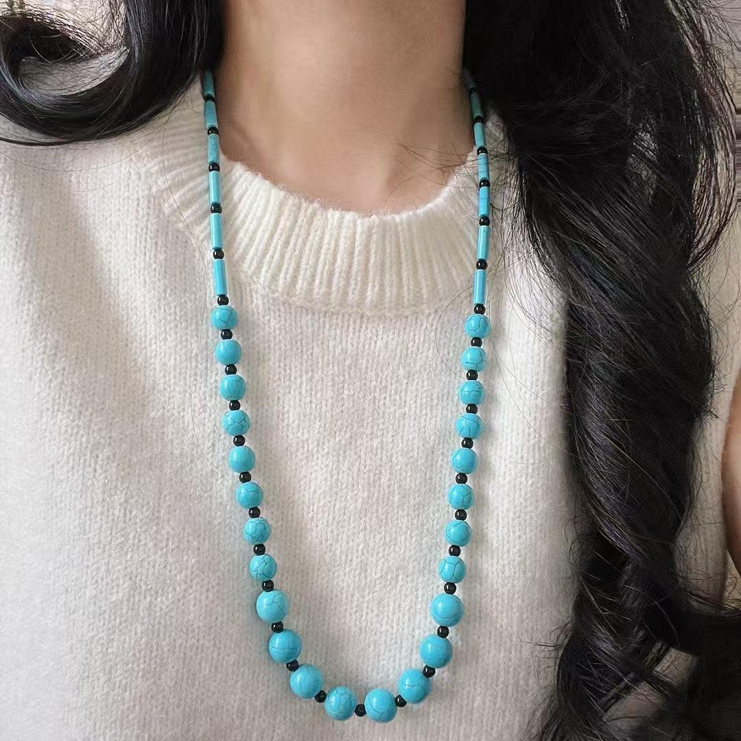Vintage High-Quality Atmosphere Artificial Turquoise Natural Black Agate Design Necklace Sweater Chain