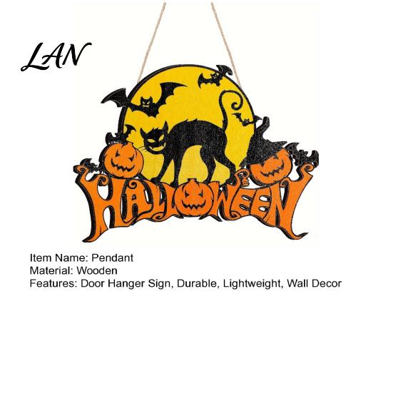 Vintage Dark Style Home Decor Halloween Wood Door Hanger Sign, Pumpkin And Black Cat Printed, with Hemp Rustic Rope Lanyard, Decorative Wall Pendant,