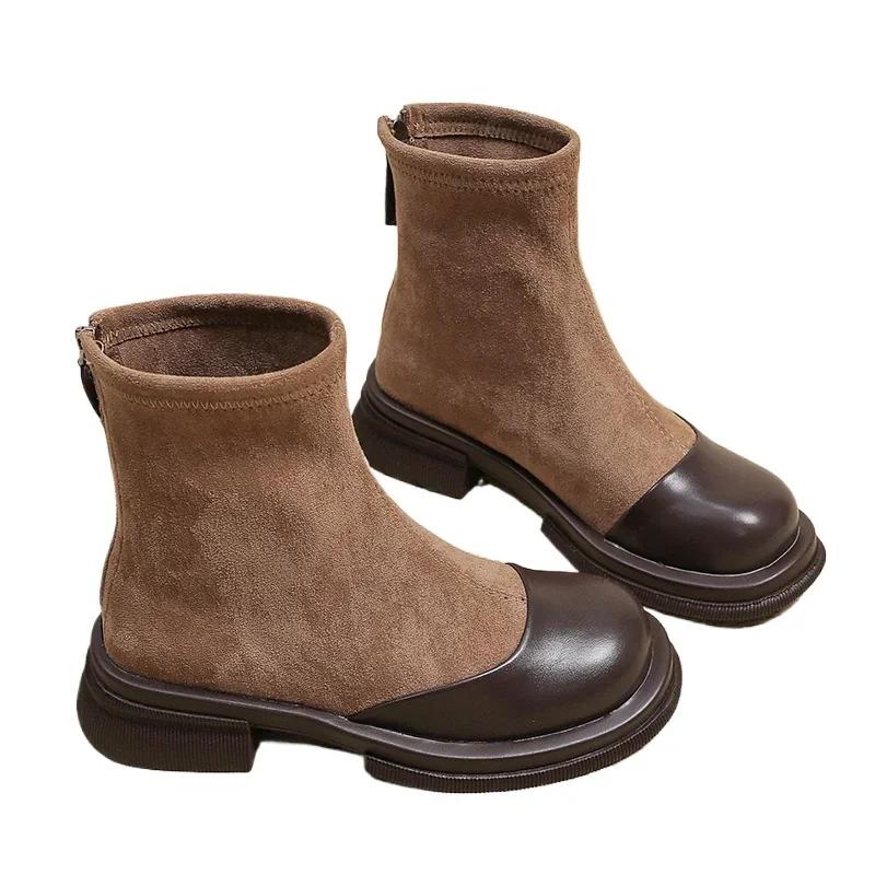 Mode Schuhe für Damen 2024 Heißer Verkauf Reißverschluss Damenstiefel Herbst Runde Zehenpartie Uni Flock Plateau Wasserdicht Kurzer Schaft Westernstiefel