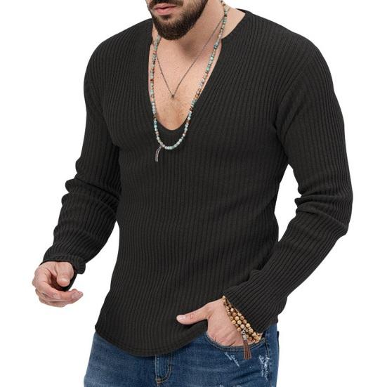 Men Fall Winter Sweater V Neck Slim Fit Long Sleeve Elastic Knitted