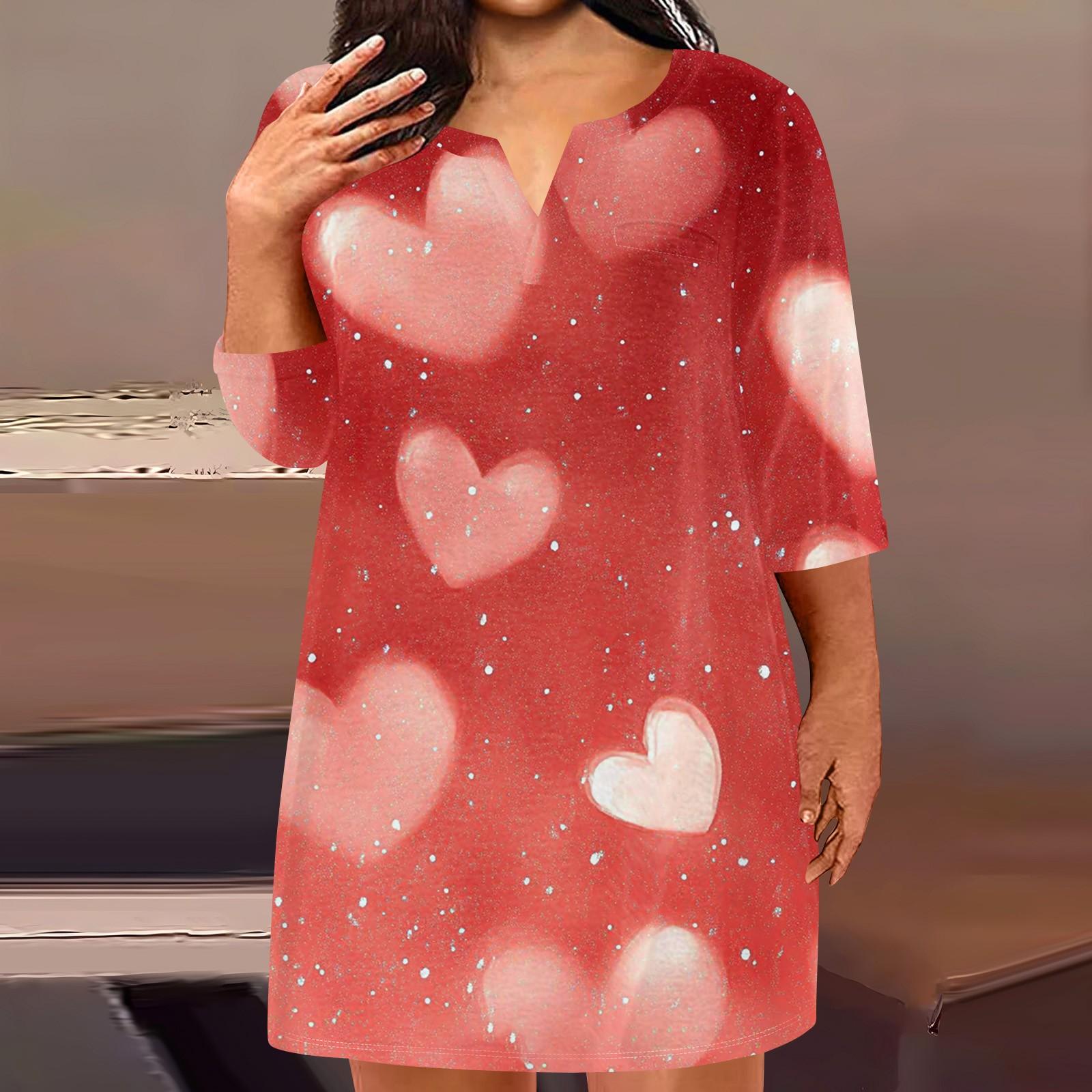 

Women s Fashion Plus Size V-Neck Three-Quarter Sleeve Casual Valentine s Day Love Print Loose Dress With Pockets XL червоний