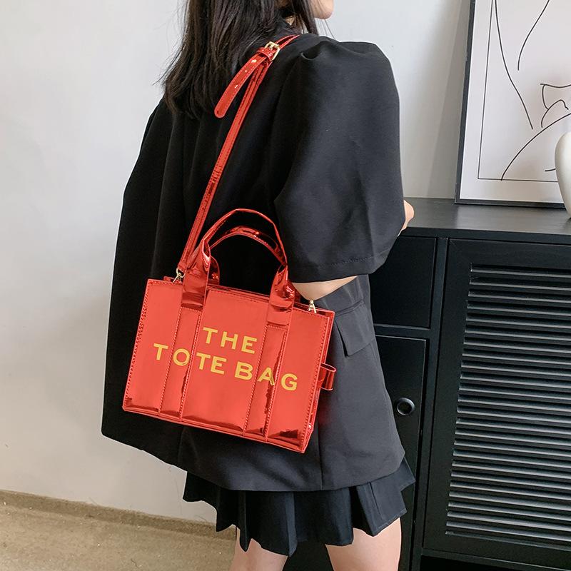 Summer new letter printing contrasting color pu glossy large capacity women's tote bag women's shoulder messenger bag