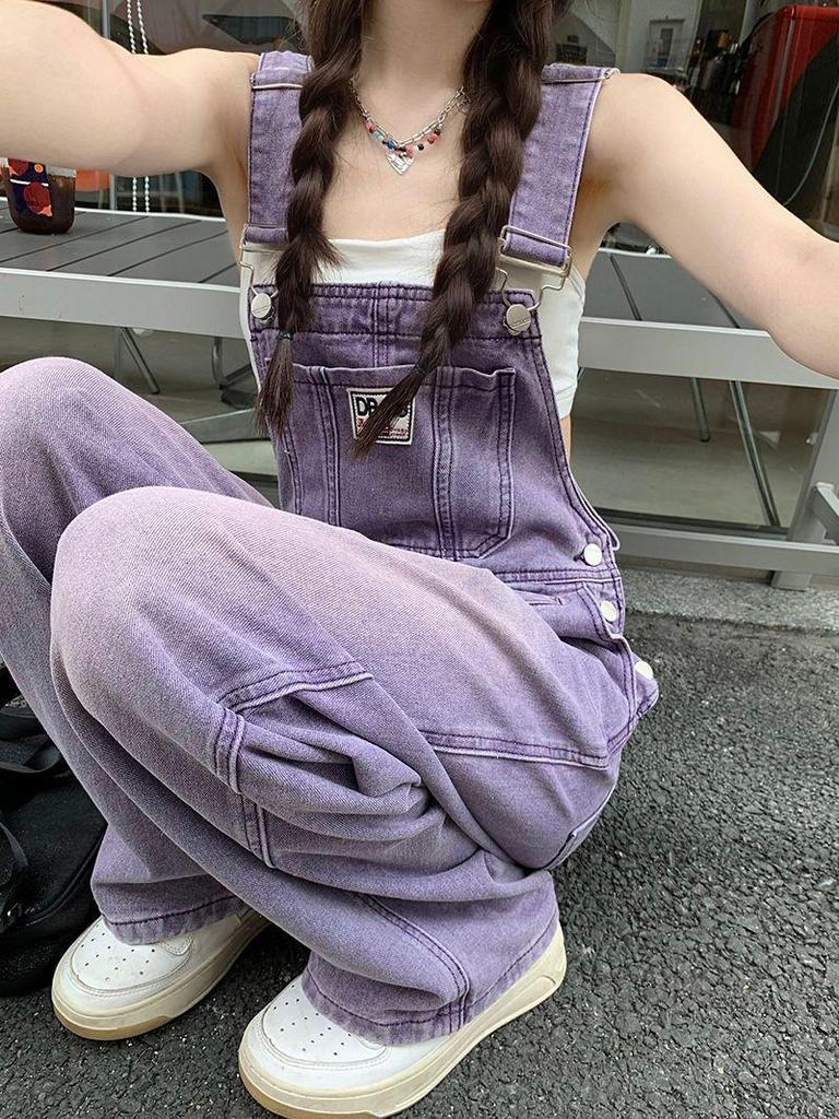 Women's Retro Purple High-Waist Denim Overalls - Slimming, Loose, Wide-Leg Jumpsuit for Spring & Summer