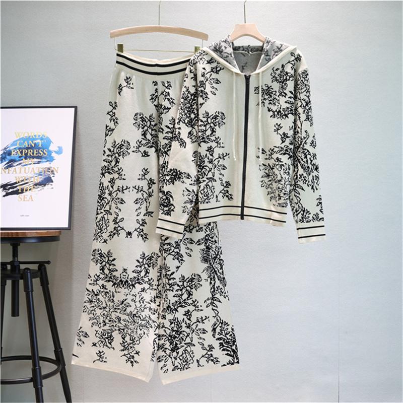 

Модный женский осенне-зимний костюм с росписью тушью, свободный вязаный топ и брюки широкого покроя, костюм-двойка One Size абрикосовый