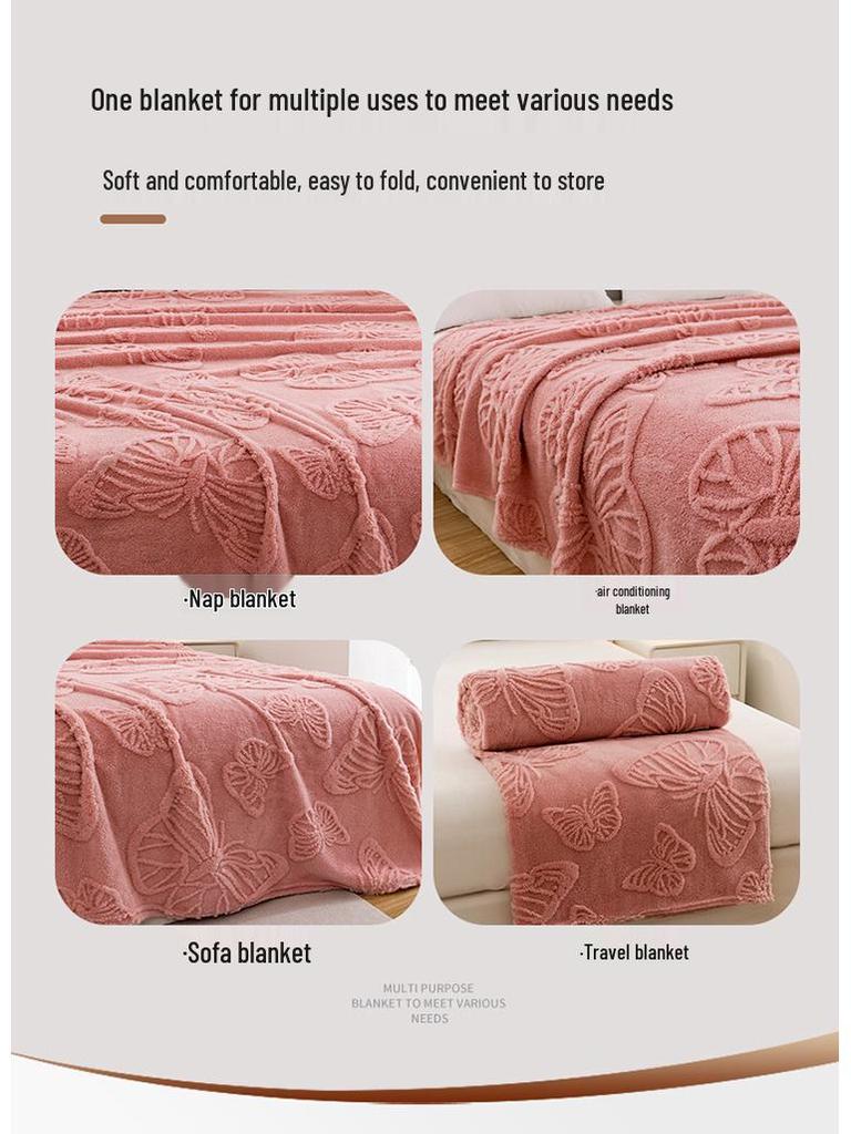 Zimowy aksamitny taftowy koc z motywem motyla i kwiatów: Dwustronny, pogrubiony żakard 3D, wielofunkcyjny na drzemki, do klimatyzacji i jako prześcieradło.