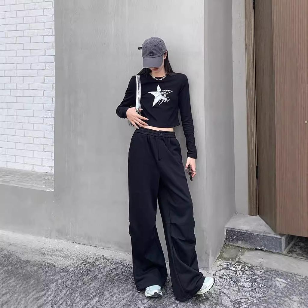Ladies Autumn Winter Long Sleeve Crew Neck Slim Fit Basic Star Letter Printed Pullover T Shirt Crop Top for Layering