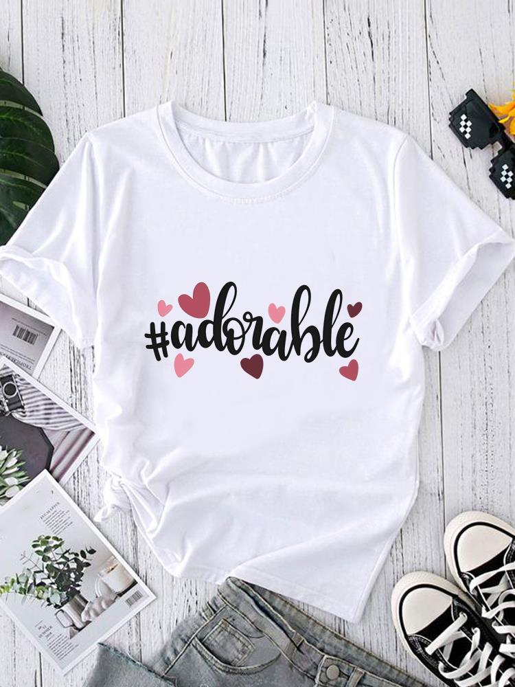 (Asian Size) O-neck Women's Top T Shirt Printed Short Sleeve T-shirts Style Letter Cute Fashion Female Casual Clothing Graphic Tee
