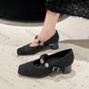 Women New Design Sequined Mary Jane Shoes Buckle Pumps Elegant Shallow Hollow Thick Heel Casual Shoes Ladies Party Leather Shoes