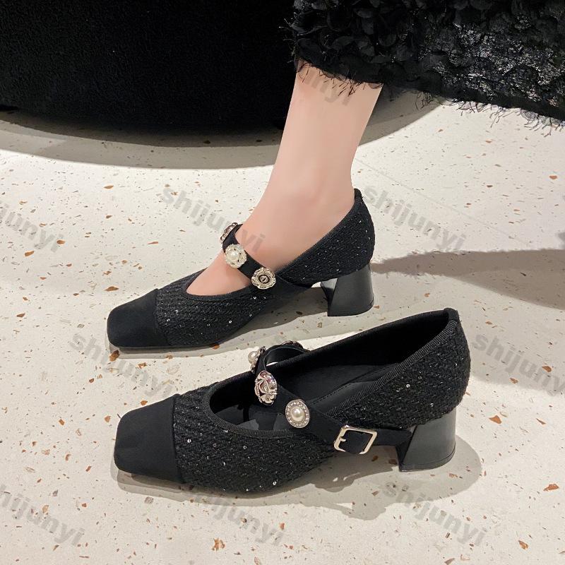 Fashion Women New Design Sequined Mary Jane Shoes Buckle Pumps Elegant Shallow Hollow Thick Heel Casual Shoes Ladies Party Leather Shoes