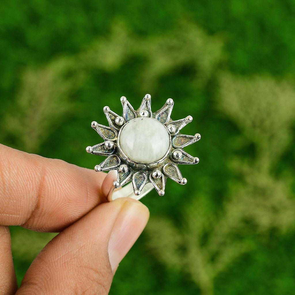Natural Rainbow Moonstone Gemstone Promise Flower Adjustable Ring 925 Silver