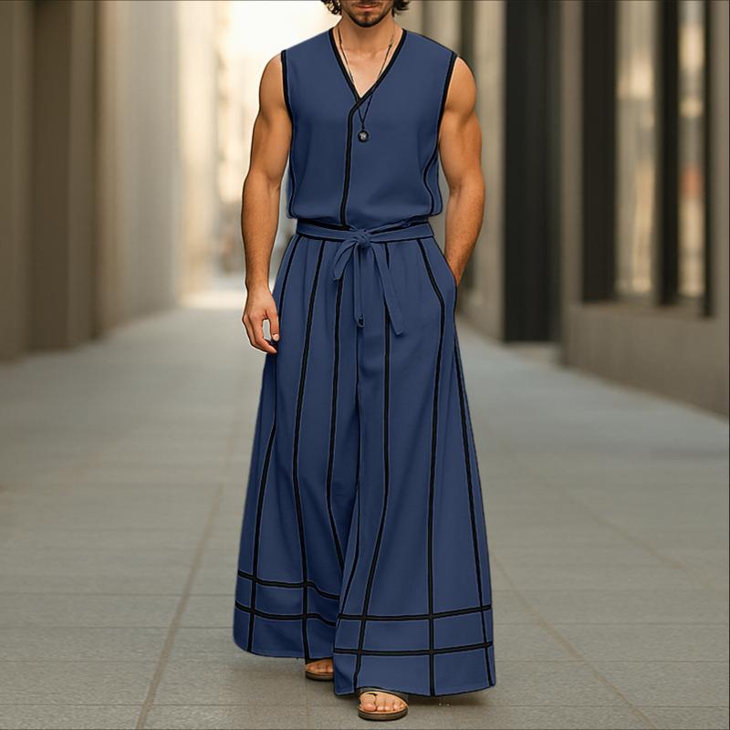 

INCERUN 2PCS Two Pieces Men Sleeveles Stitching Shirts and Long Pants Outfits Sets 5XL синий