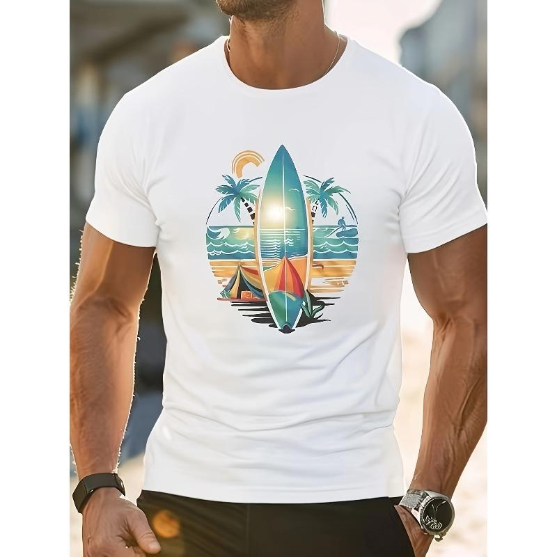 European Size Men's Fashion Trend Casual Surfboard Print Crew Neck Short Sleeve Cotton T-Shirt, Summer New Sports Top