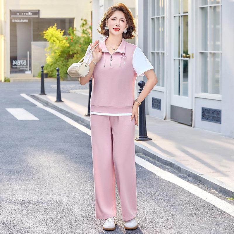 

Elegant 2026 Summer Short-Sleeve Two-Piece Set for Middle-Aged Women 5XL розовый