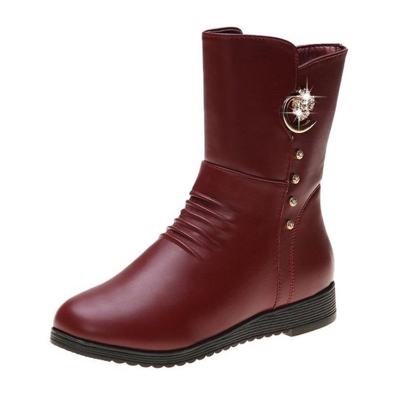 

Осень и зима новые бархатные теплые женские полусапожки большого размера 2 боковые молнии стразы плоская обувь для мамы 42 бордовый