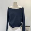 One Shoulder Pure Cotton Long Sleeved Diagonal Shoulder T-shirt for Women's Spring New Loose Off Shoulder Base Shirt