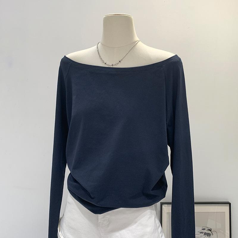 One Shoulder Pure Cotton Long Sleeved Diagonal Shoulder T-shirt for Women's Spring New Loose Off Shoulder Base Shirt