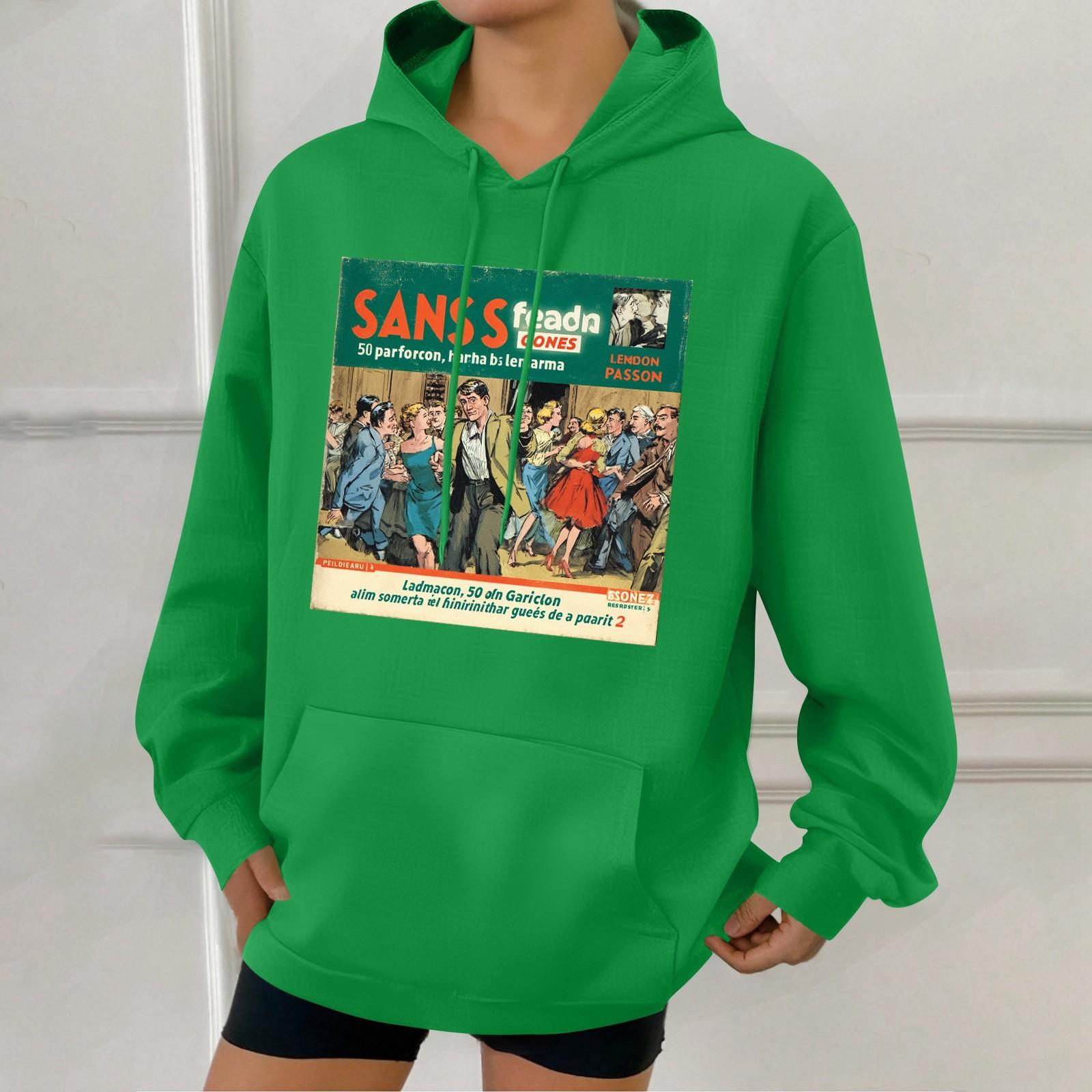 

Женская модная толстовка с капюшоном в стиле ретро с принтом и карманами M зелёный