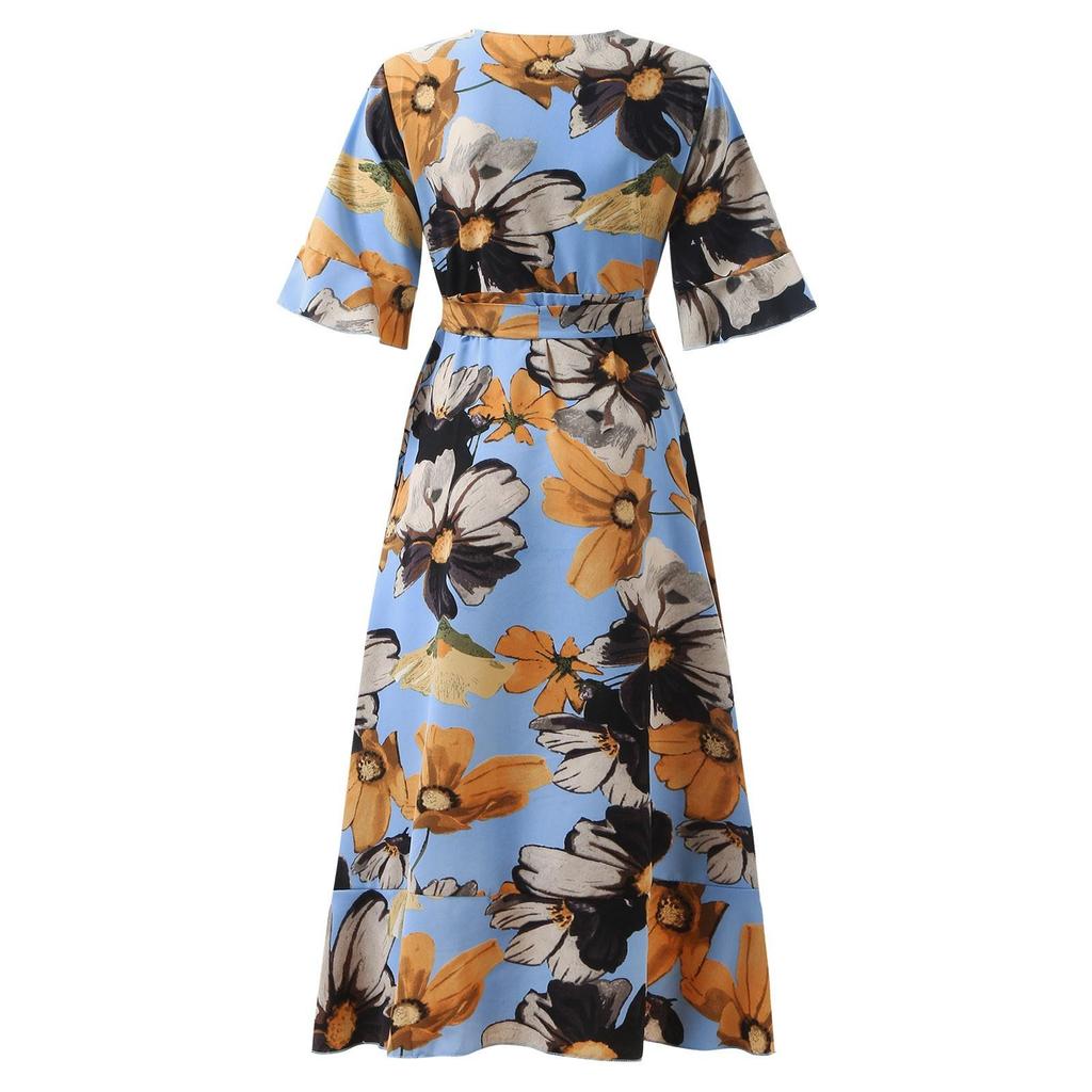 Summer Women's Dress V-neck Short Sleeve Large Size Casual Bohemian Print Irregular Dress Fishtail Skirt