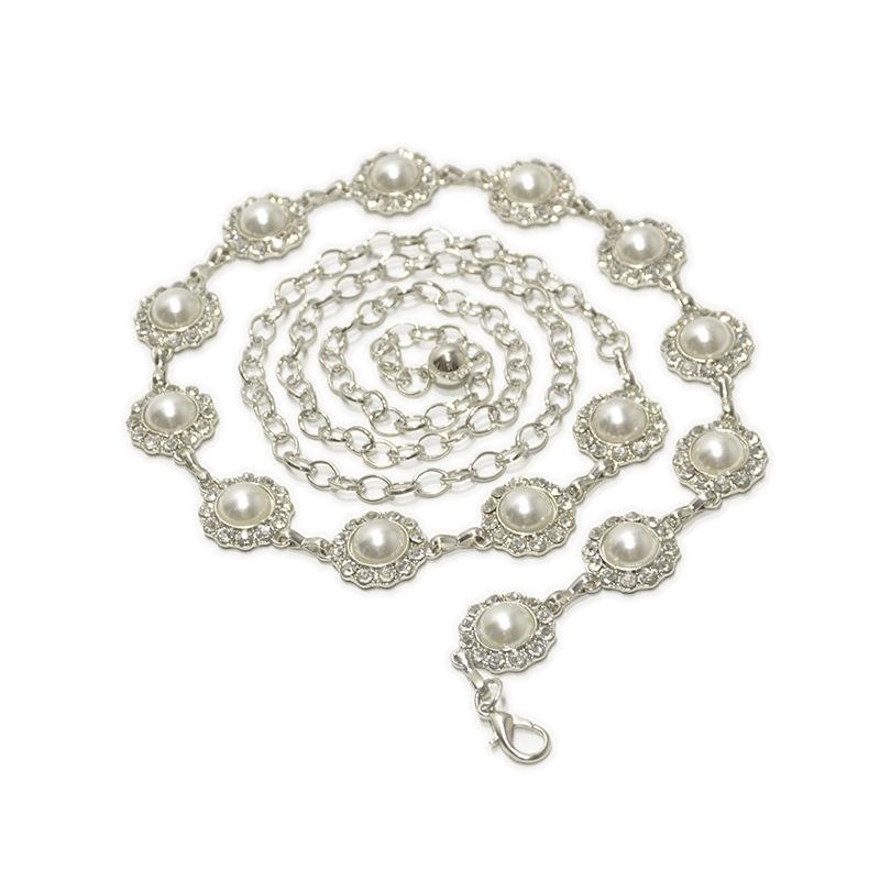

Women s metal belly dance waist chain pearl rhinestone inlaid decorative thin belt 105cm срібний