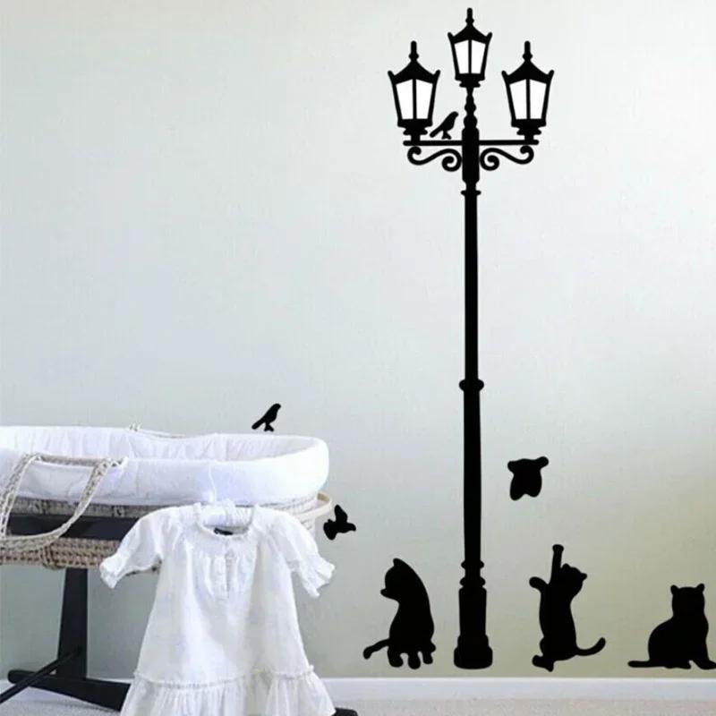 Kreatywny DIY Popularny Lampa w Starym Stylu Kot i Ptak Naklejka Ścienna Kreskówkowy Mural Dekoracja Domu Pokój Naklejka Dziecięca Tapeta
