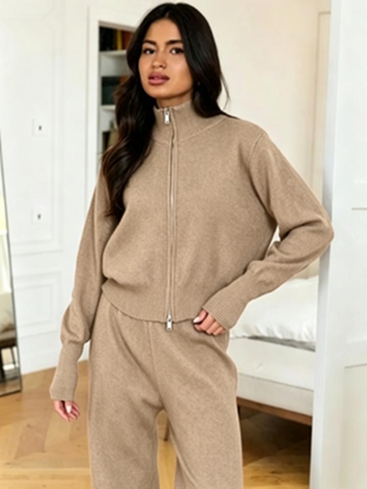 Double-open zipper sweater set, European, American autumn and winter new temperament commuting fashion casual wide-leg pants two-piece set