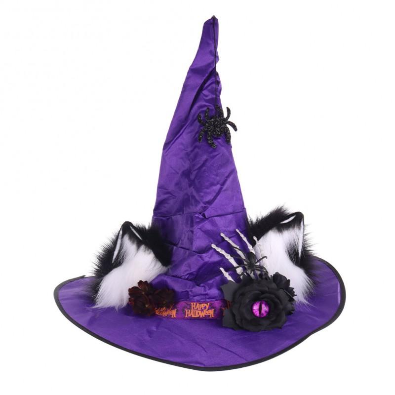 Fluffy Cat Ear Witch Hat With Spider Rose Embellishments Halloween Cosplay Costume Accessory