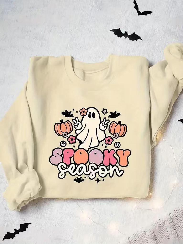 2025 Halloween Ghost Print Round Neck Long Sleeve Hoodie for Europe and America