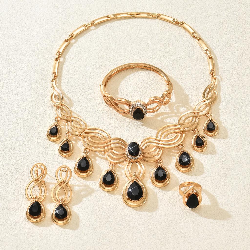Fashionable and Exaggerated Diamond Studded Red and Black Water Droplet Necklace, Earrings, Rings, Bracelets, Four Piece Set