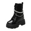 British style round head thick heel Martin boots side zipper platform locomotive boots ins pearl chain lace-up medium tube short boots women