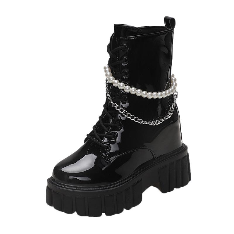 British style round head thick heel Martin boots side zipper platform locomotive boots ins pearl chain lace-up medium tube short boots women