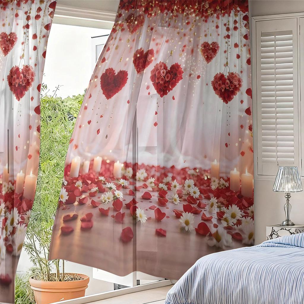 Valentine Day Decorative Curtain Heart Rose Flower Holiday Decoration Design Lightweight Breathable Semi Transparent Polyester Material Suitable