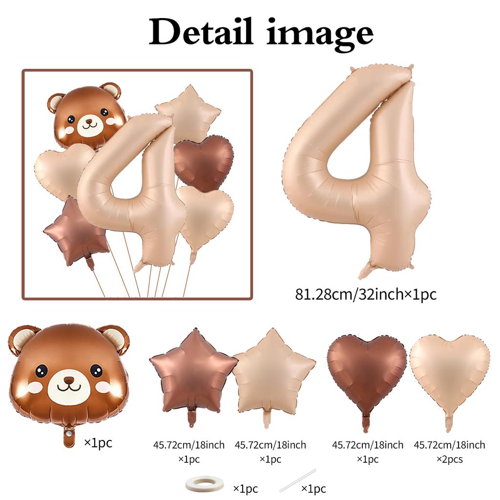 7pcs Cute Bear Balloon Set with 32 Inch Caramel Digital Aluminum Foil Balloon for Birthday Party Decoration Baby Shower Supplies