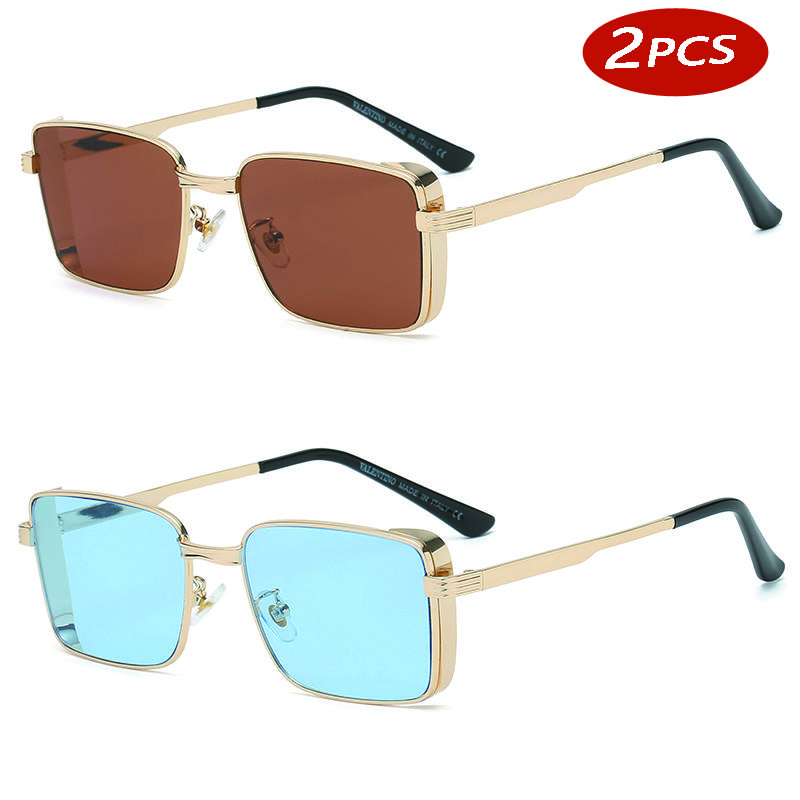 2pcs Fashion Square Steampunk Sunglasses Luxury Brand Designer Men Women Retro Rectangle Punk Metal Frame Sun Glasses UV400
