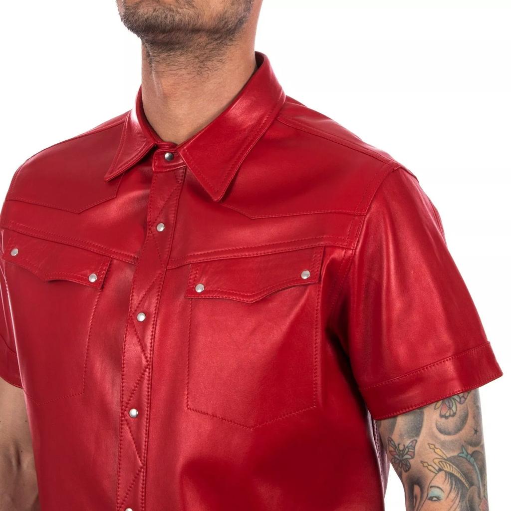 100% Pure Original Leather Genuine Lambskin Formal Casual Red Shirt Handmade Men Stylish Classic