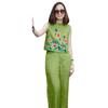 2 Pcs/Set Women Top Pants Set Flower Printing Elastic Waist Casual Sleeveless Loose Daily Wear Round Neck Plus Size Lady Vest