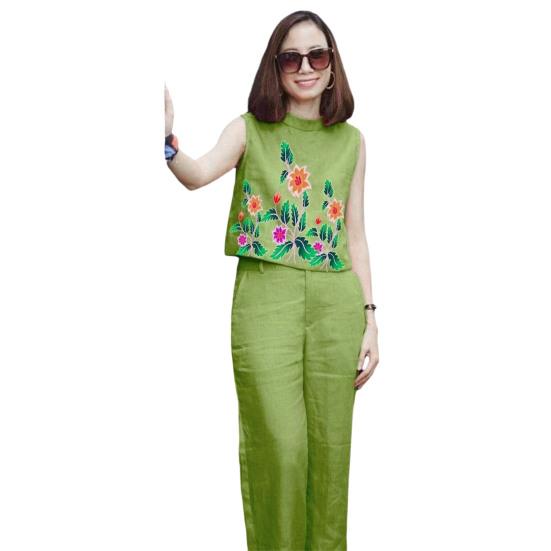 2 Pcs/Set Women Top Pants Set Flower Printing Elastic Waist Casual Sleeveless Loose Daily Wear Round Neck Plus Size Lady Vest