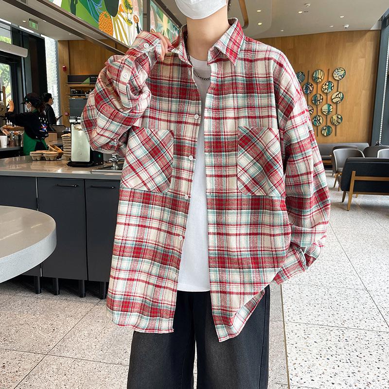 

Мужская клетчатая куртка-рубашка в гонконгском стиле - Длинный рукав, Весна/Осень, Бунтарский комплект-тройка L