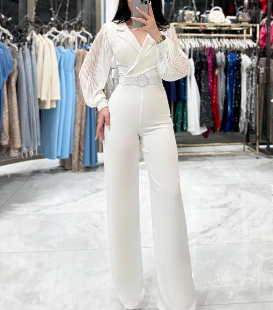 European & American Style Chiffon Spliced Long Sleeve Women's Office Jumpsuit