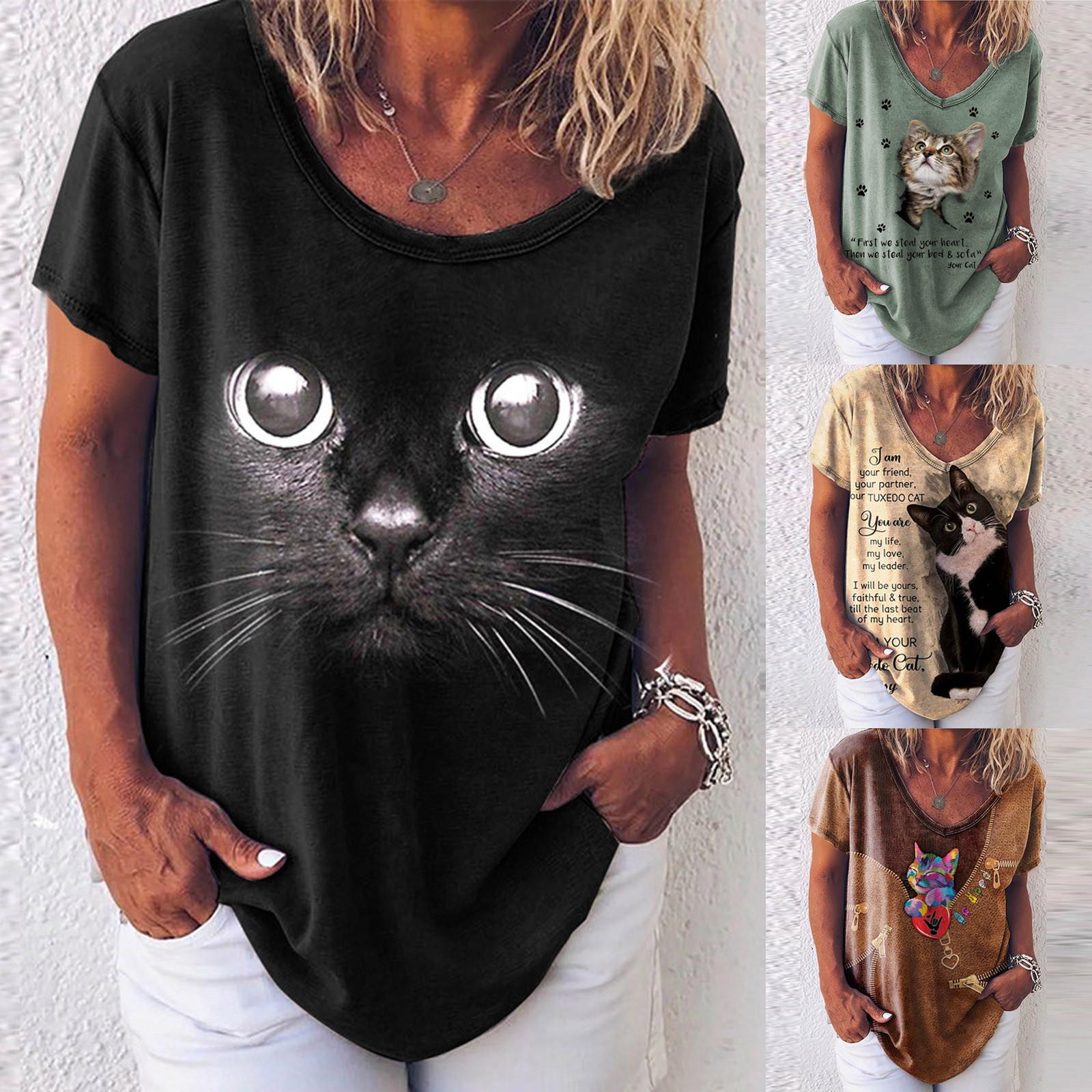 

Женская свободная футболка с принтом кота, летние повседневные футболки с короткими рукавами