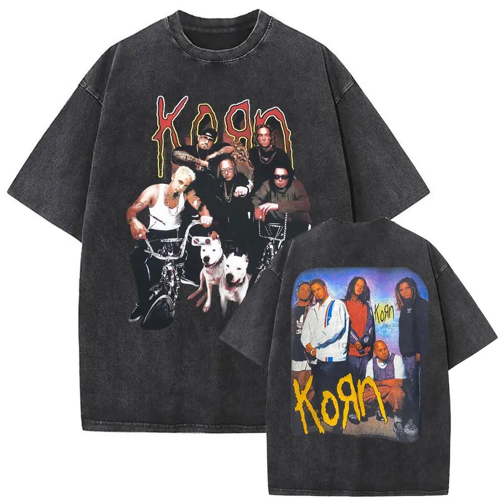 Washed Vintage Rock Band Korn Freak on A Leash Double Sided Print T Shirt Men Gothic Casual Oversized Tees Unisex Summer Tshirt