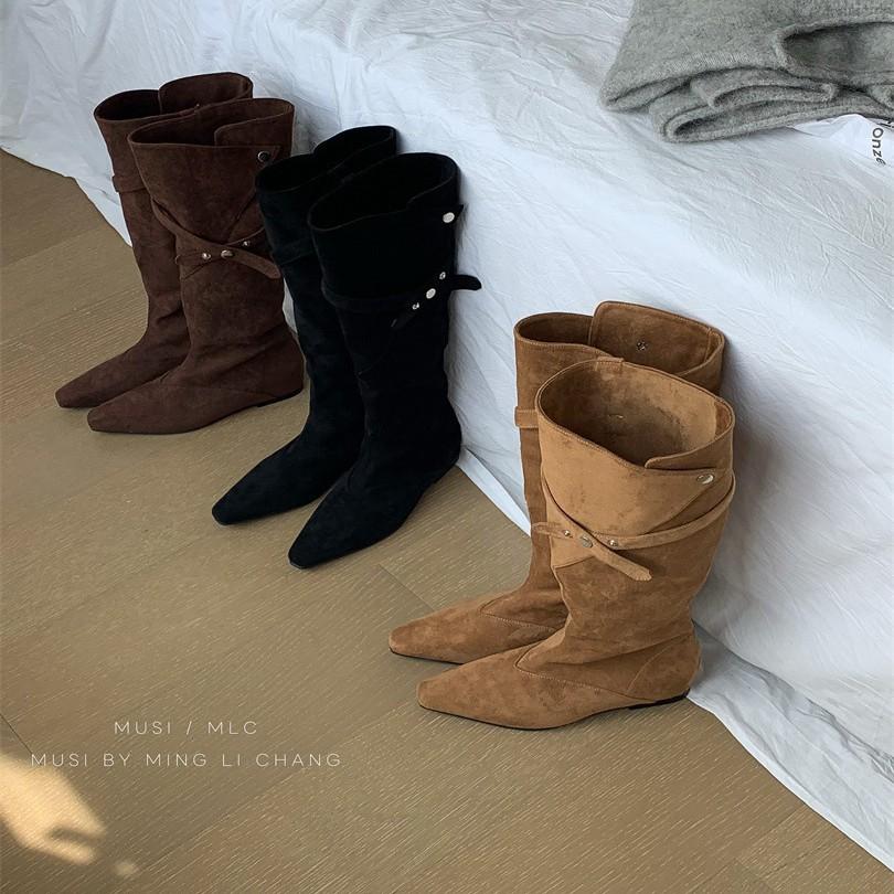 2025 Autumn and Winter New Square Head Slack Two Wear Tall Boots Velvet Simple Bag Legs Slope Heel Boots Women