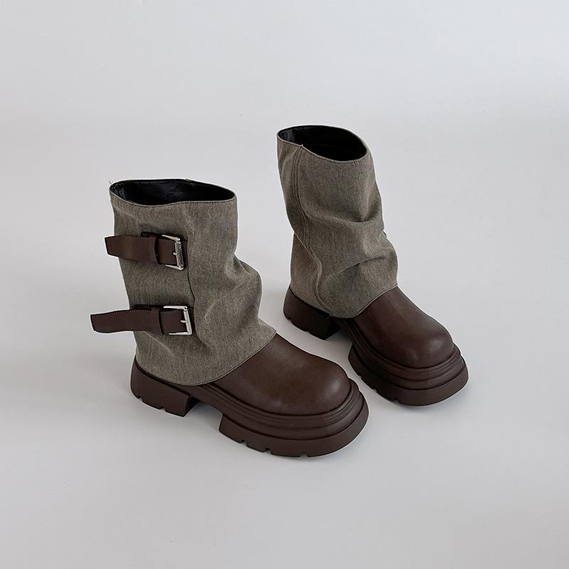 

Design sense versatile fashion retro belt buckle medium boots children autumn and winter color matching new British Martin boots 40 коричневый