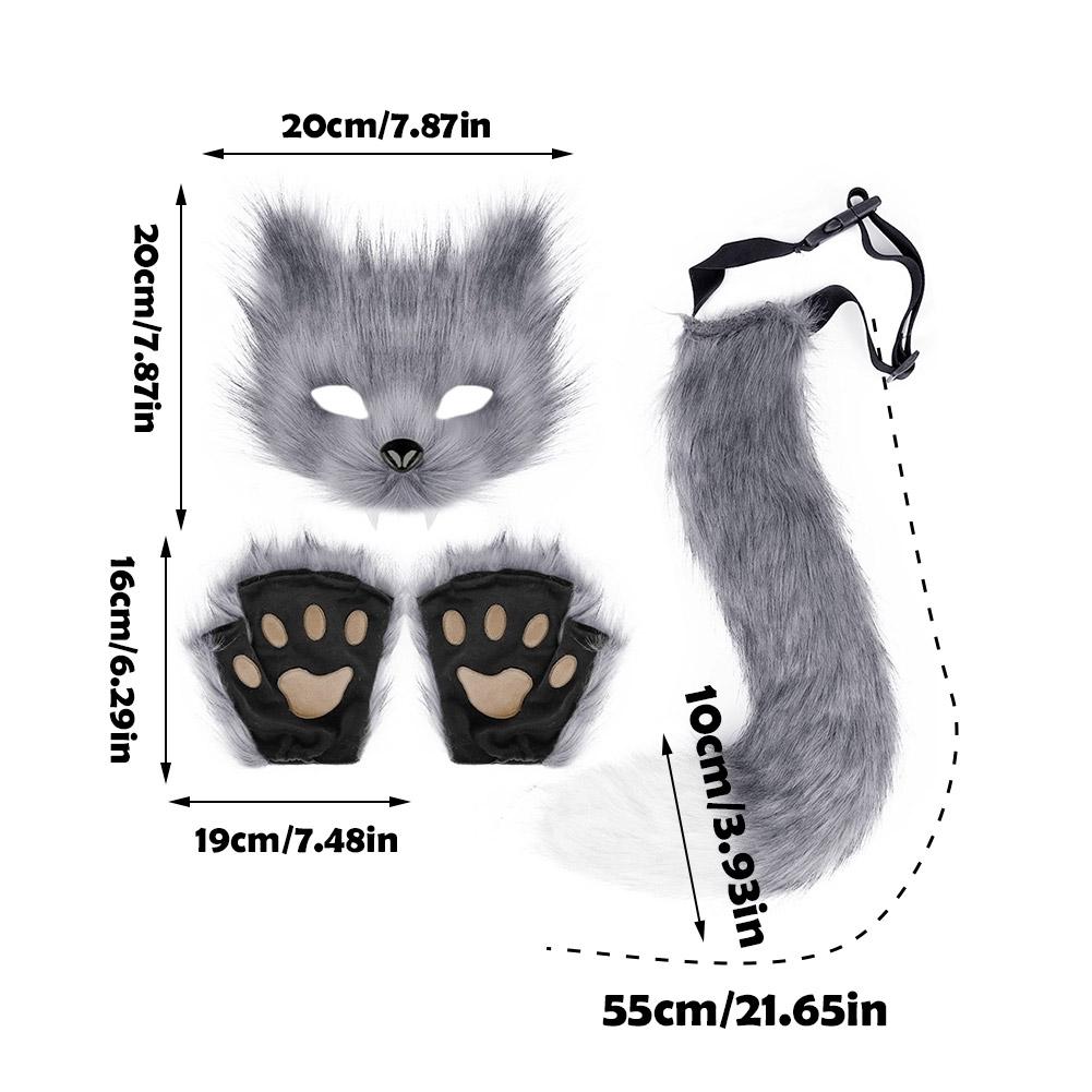 Fox Costume Set Cosplay Halloween Costume Plush Masque Fluffy Paw Gloves Halloween Party Accessories Faux Fur Fox Tail Set